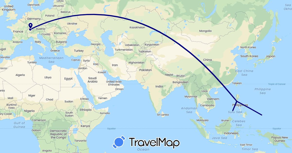 TravelMap itinerary: driving, plane in Switzerland, China, Philippines, Palau (Asia, Europe, Oceania)